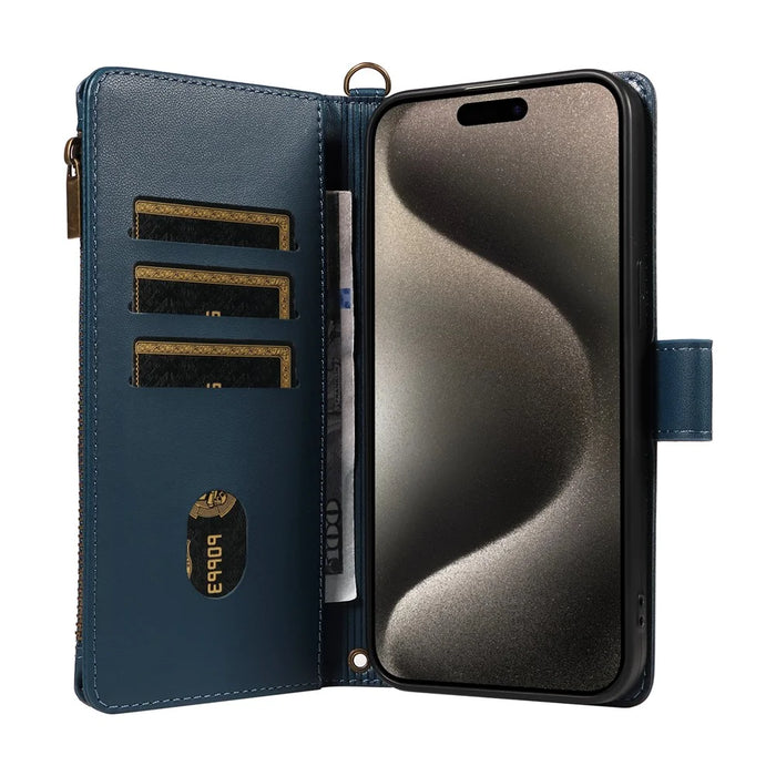 For iPhone 14 Pro Max Leather Case with Card Holder, RFID Blocking Wallet Phone Cover Rhombus Pattern - Blue - 2