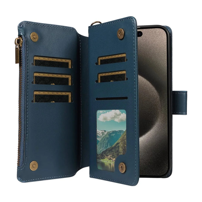 For iPhone 14 Pro Max Leather Case with Card Holder, RFID Blocking Wallet Phone Cover Rhombus Pattern - Blue - 3