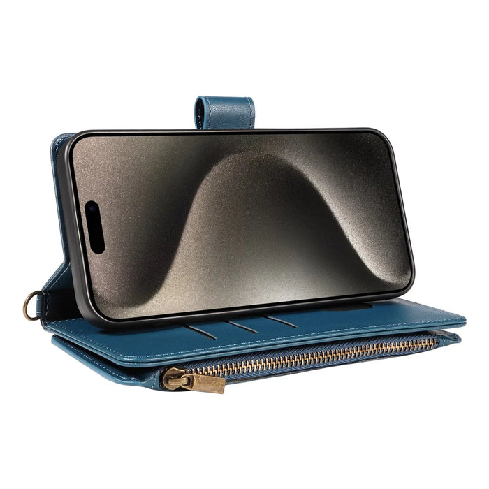 For iPhone 14 Pro Max Leather Case with Card Holder, RFID Blocking Wallet Phone Cover Rhombus Pattern - Blue - 4