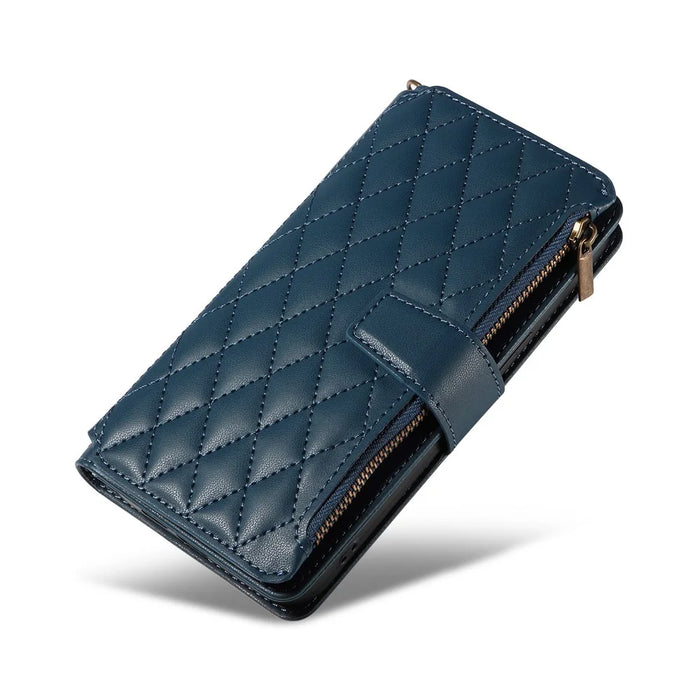 For iPhone 14 Pro Max Leather Case with Card Holder, RFID Blocking Wallet Phone Cover Rhombus Pattern - Blue - 6