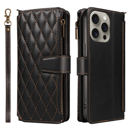 For iPhone 14 Pro Leather Case with Card Holder, RFID Blocking Wallet Phone Cover Rhombus Pattern - Black - 1