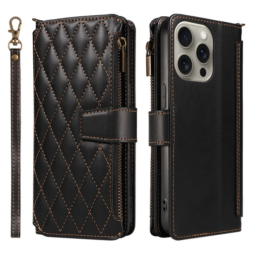 For iPhone 14 Pro Leather Case with Card Holder, RFID Blocking Wallet Phone Cover Rhombus Pattern - Black - 1