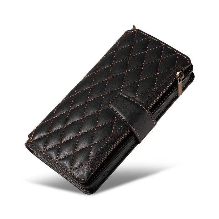 For iPhone 14 Pro Leather Case with Card Holder, RFID Blocking Wallet Phone Cover Rhombus Pattern - Black - 6
