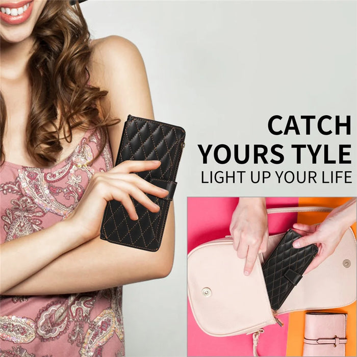 For iPhone 14 Pro Leather Case with Card Holder, RFID Blocking Wallet Phone Cover Rhombus Pattern - Black - 7