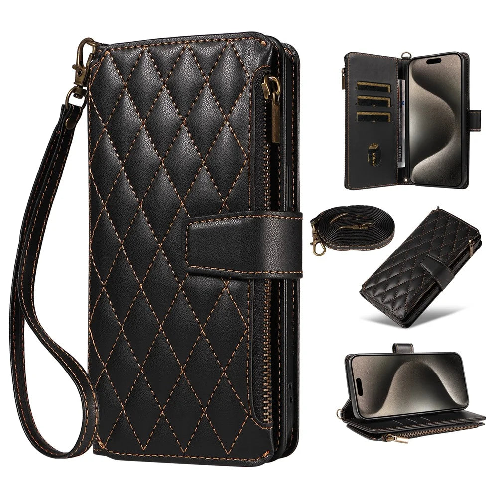 For iPhone 16 Pro Max Leather Case with Card Holder, Straps, RFID Blocking Wallet Phone Cover Rhombus Pattern - Black - 1
