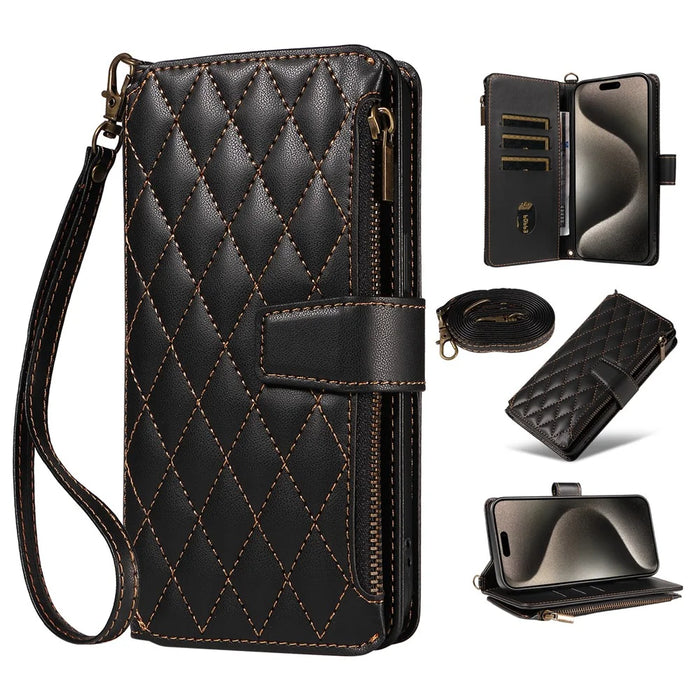 For iPhone 16 Pro Max Leather Case with Card Holder, Straps, RFID Blocking Wallet Phone Cover Rhombus Pattern - Black - 1