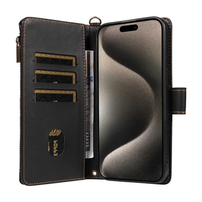 For iPhone 16 Pro Max Leather Case with Card Holder, Straps, RFID Blocking Wallet Phone Cover Rhombus Pattern - Black - 2