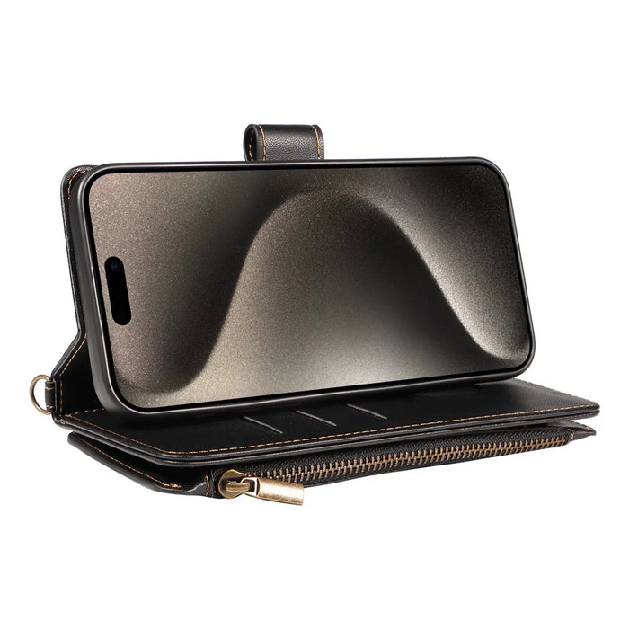 For iPhone 16 Pro Max Leather Case with Card Holder, Straps, RFID Blocking Wallet Phone Cover Rhombus Pattern - Black - 4