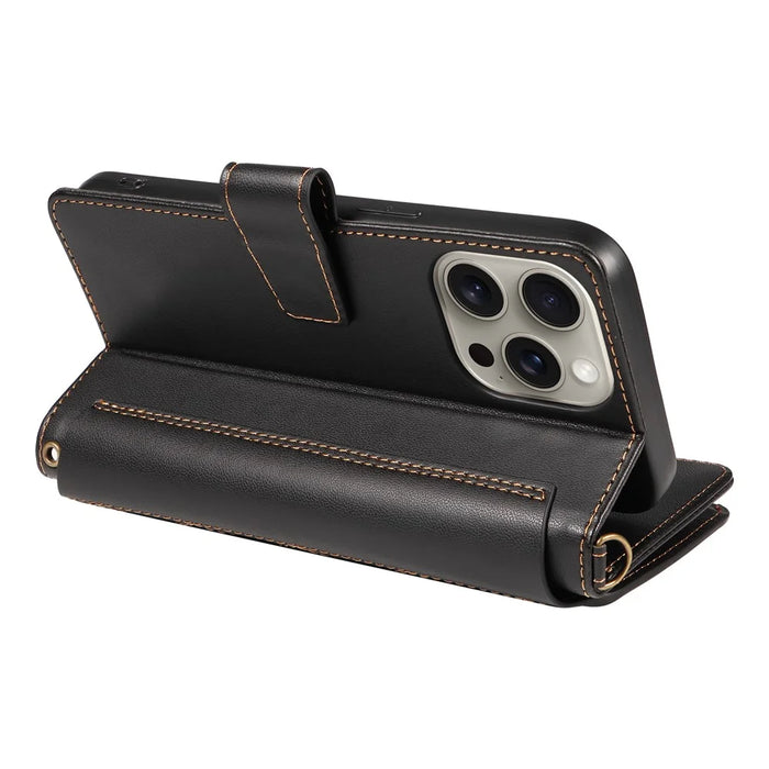 For iPhone 16 Pro Max Leather Case with Card Holder, Straps, RFID Blocking Wallet Phone Cover Rhombus Pattern - Black - 5