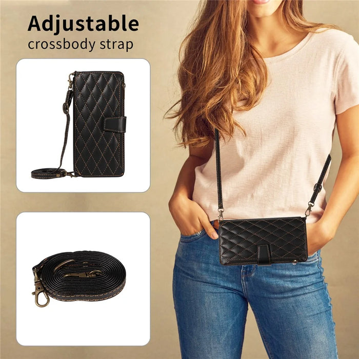 For iPhone 16 Pro Max Leather Case with Card Holder, Straps, RFID Blocking Wallet Phone Cover Rhombus Pattern - Black - 6
