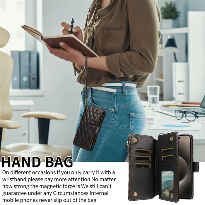 For iPhone 16 Pro Max Leather Case with Card Holder, Straps, RFID Blocking Wallet Phone Cover Rhombus Pattern - Black - 7