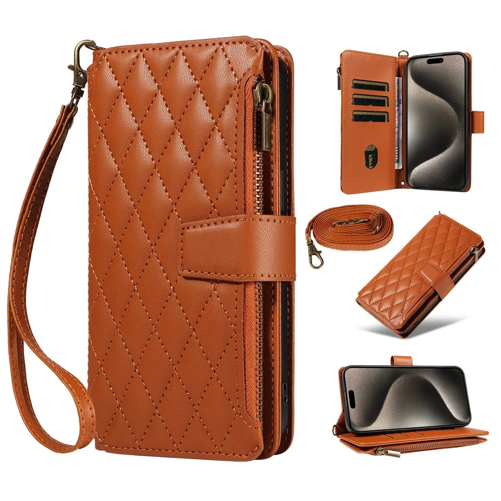 For iPhone 16 Pro Max Leather Case with Card Holder, Straps, RFID Blocking Wallet Phone Cover Rhombus Pattern - Yellow - 1