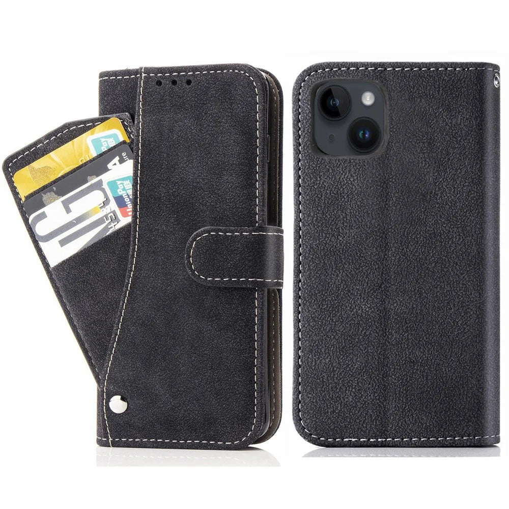 Retro PU Leather Phone Case for iPhone 14 Plus, Scratch-resistant Phone Cover with Rotating Card Slots Holder Stand Wallet - Black - 1