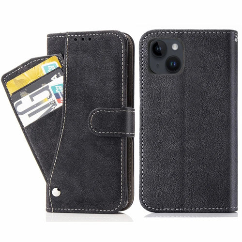 Retro PU Leather Phone Case for iPhone 14 Plus, Scratch-resistant Phone Cover with Rotating Card Slots Holder Stand Wallet - Black - 1