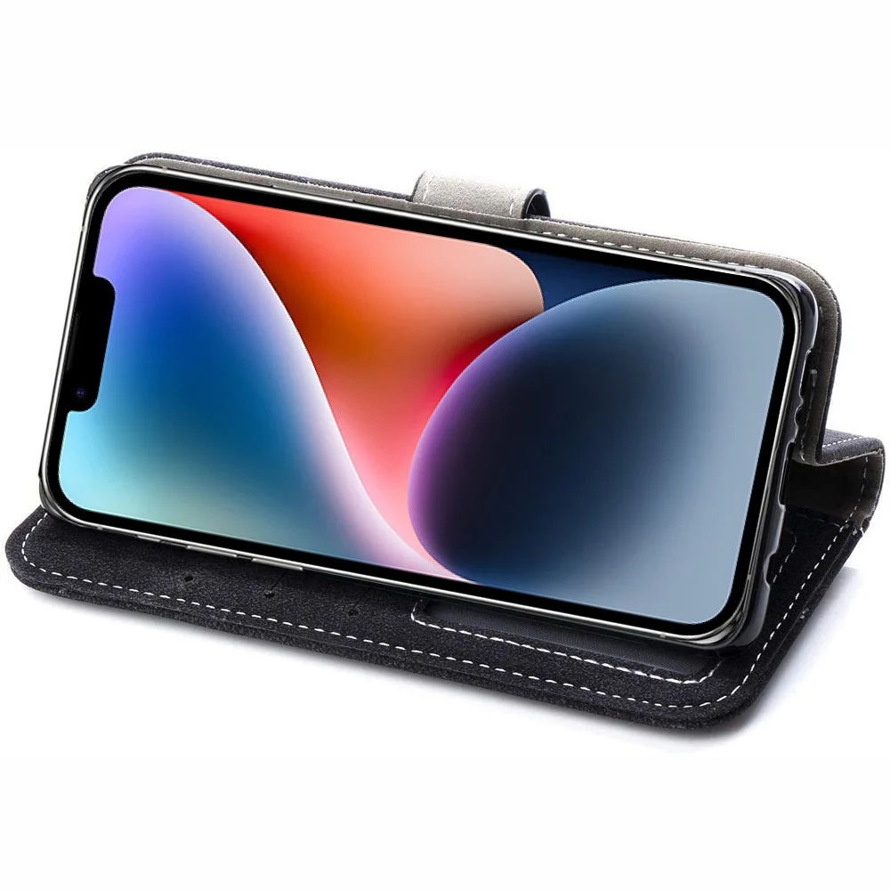 Retro PU Leather Phone Case for iPhone 14 Plus, Scratch-resistant Phone Cover with Rotating Card Slots Holder Stand Wallet - Black - 3