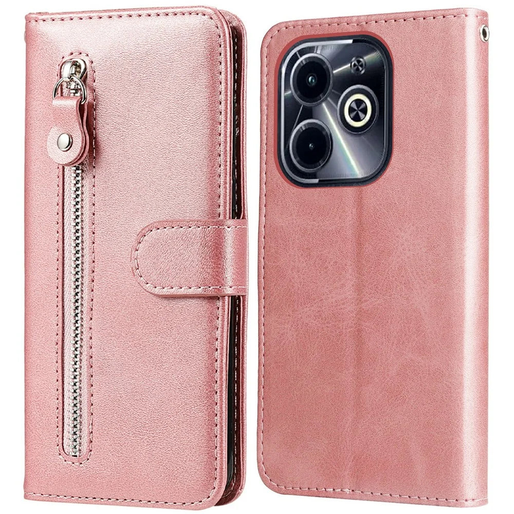 Zipper Wallet Case for Infinix Smart 8 Plus / Smart 8 Pro 4G / Smart 8 4G / Hot 40i / TECNO Spark 20 / Spark Go 2024 4G Leather Cover - Pink - 1