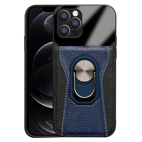 Litchi Texture Phone Case for iPhone 12 Pro / 12 6.1 inch, Bi-color PU Leather+Hard PC+TPU Kickstand Phone Cover Phone Shell - Blue - 1