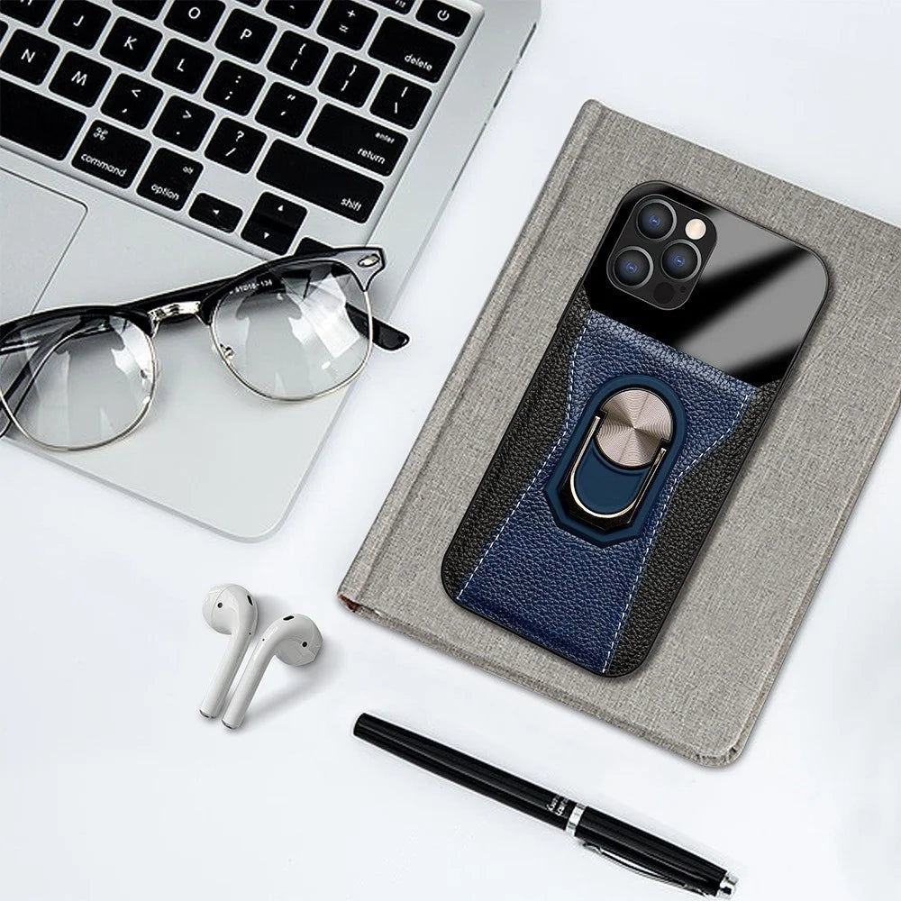 Litchi Texture Phone Case for iPhone 12 Pro / 12 6.1 inch, Bi-color PU Leather+Hard PC+TPU Kickstand Phone Cover Phone Shell - Blue - 2