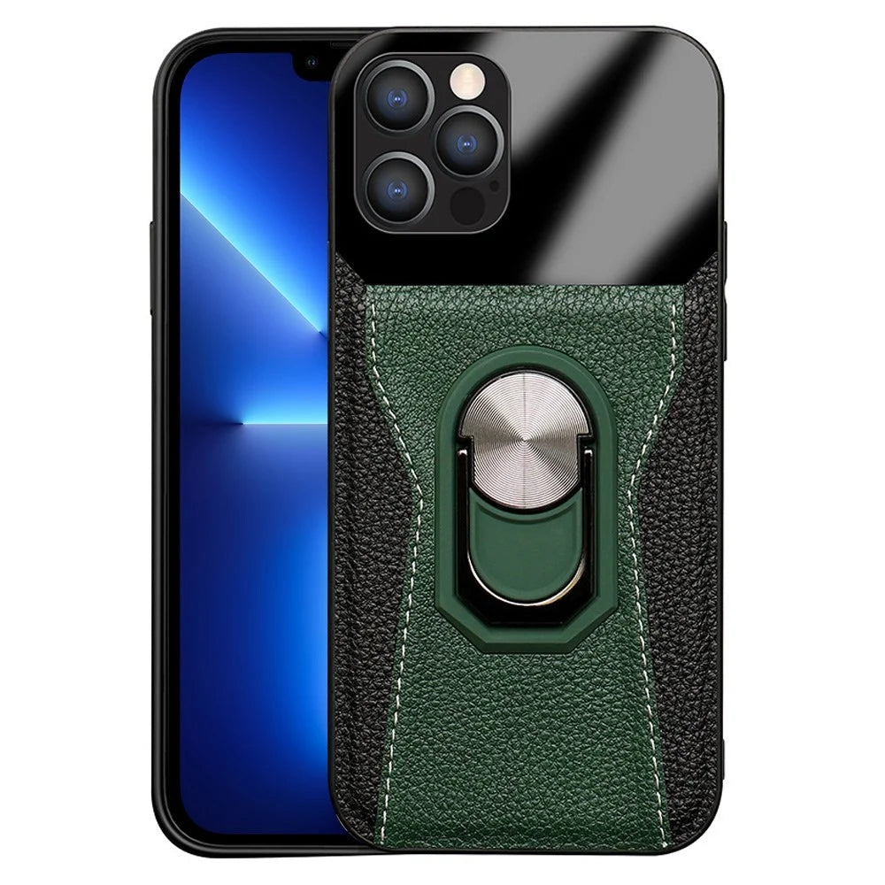 For iPhone 13 Pro 6.1 inch Ring Holder Kickstand Phone Cover Bi-color Litchi Texture PU Leather+Hard PC+TPU Phone Case - Green - 1