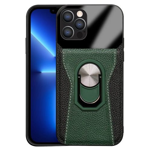 For iPhone 13 Pro 6.1 inch Ring Holder Kickstand Phone Cover Bi-color Litchi Texture PU Leather+Hard PC+TPU Phone Case - Green - 1