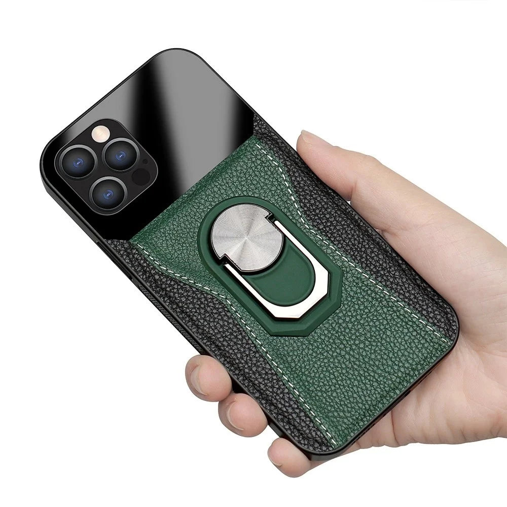 For iPhone 13 Pro 6.1 inch Ring Holder Kickstand Phone Cover Bi-color Litchi Texture PU Leather+Hard PC+TPU Phone Case - Green - 4