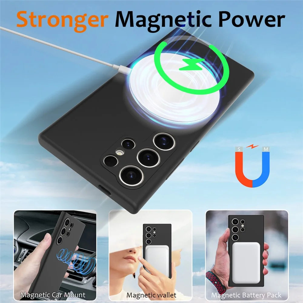 For Samsung Galaxy S24 Ultra Magnetic Case Anti-Drop Liquid Silicone Phone Cover - Black - 3
