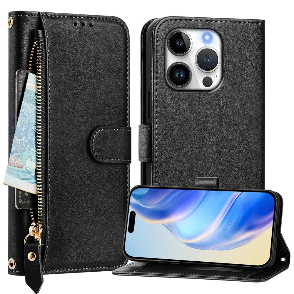 For iPhone 16 Pro Case Zipper Pocket Multiple Card Slots Leather Phone Cover - Black - 2