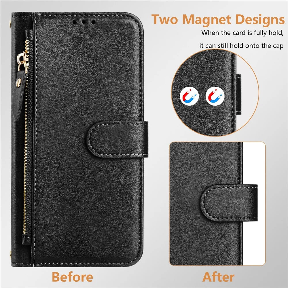For iPhone 16 Pro Case Zipper Pocket Multiple Card Slots Leather Phone Cover - Black - 7