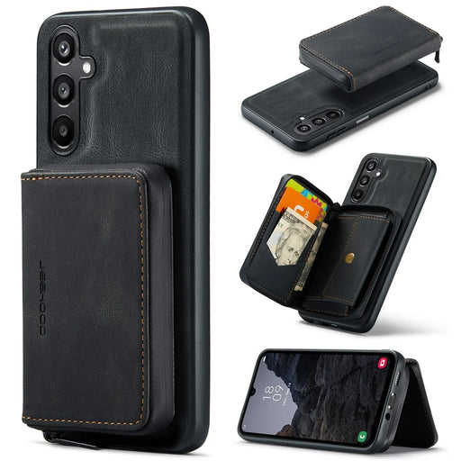 CASEME For Samsung Galaxy A16 5G Case JEEHOOD J02 Leather Back Cover with Detachable Zipper Card Holder Kickstand - Black - 1