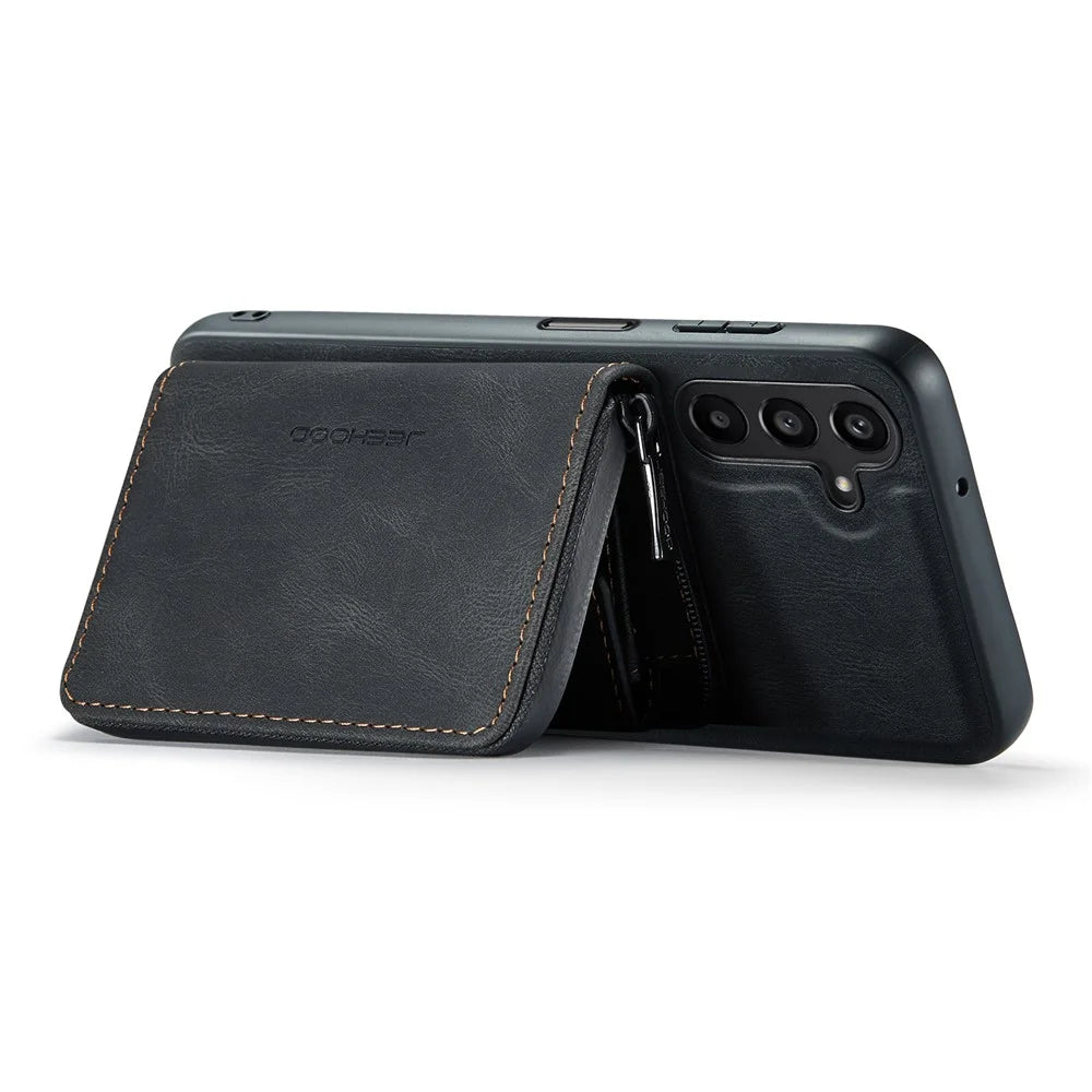 CASEME For Samsung Galaxy A16 5G Case JEEHOOD J02 Leather Back Cover with Detachable Zipper Card Holder Kickstand - Black - 3