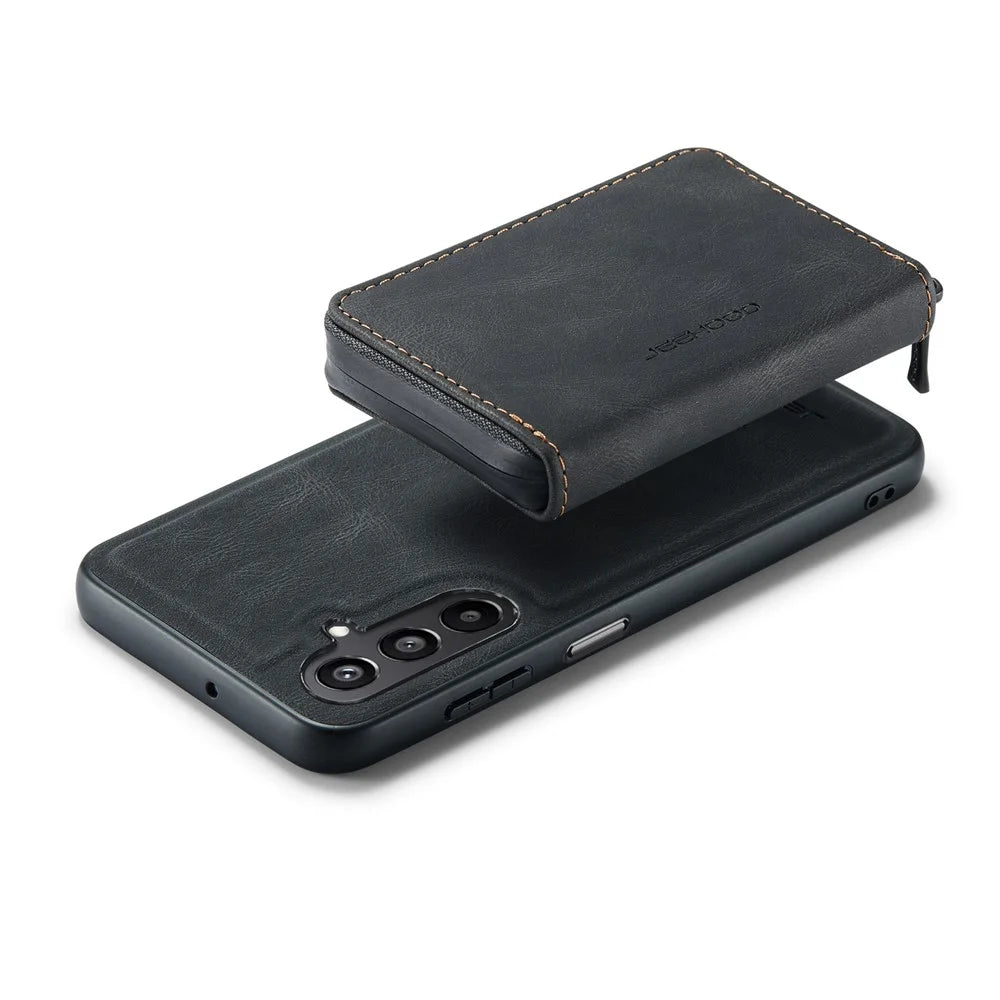 CASEME For Samsung Galaxy A16 5G Case JEEHOOD J02 Leather Back Cover with Detachable Zipper Card Holder Kickstand - Black - 4