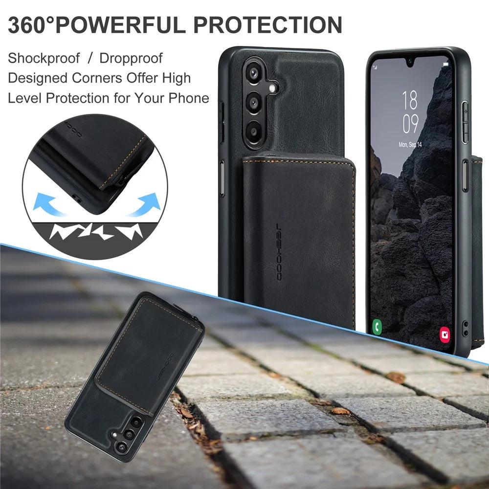 CASEME For Samsung Galaxy A16 5G Case JEEHOOD J02 Leather Back Cover with Detachable Zipper Card Holder Kickstand - Black - 6