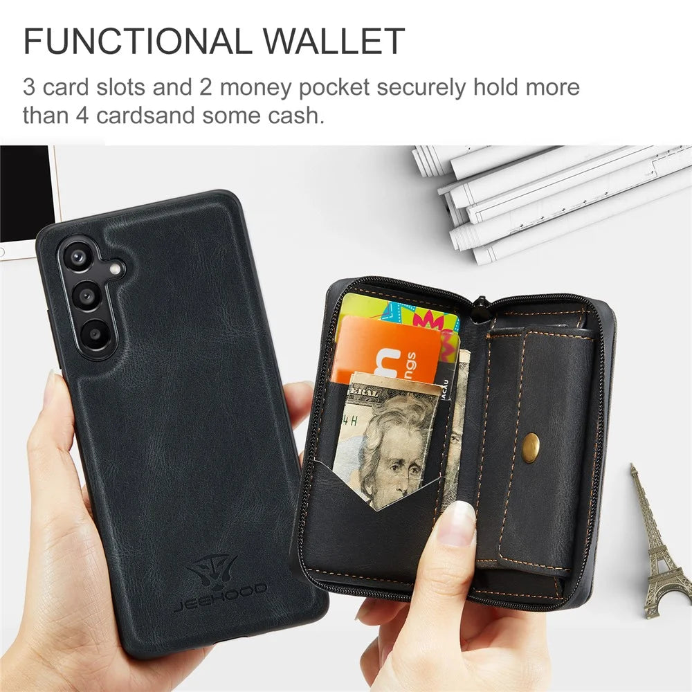 CASEME For Samsung Galaxy A16 5G Case JEEHOOD J02 Leather Back Cover with Detachable Zipper Card Holder Kickstand - Black - 7