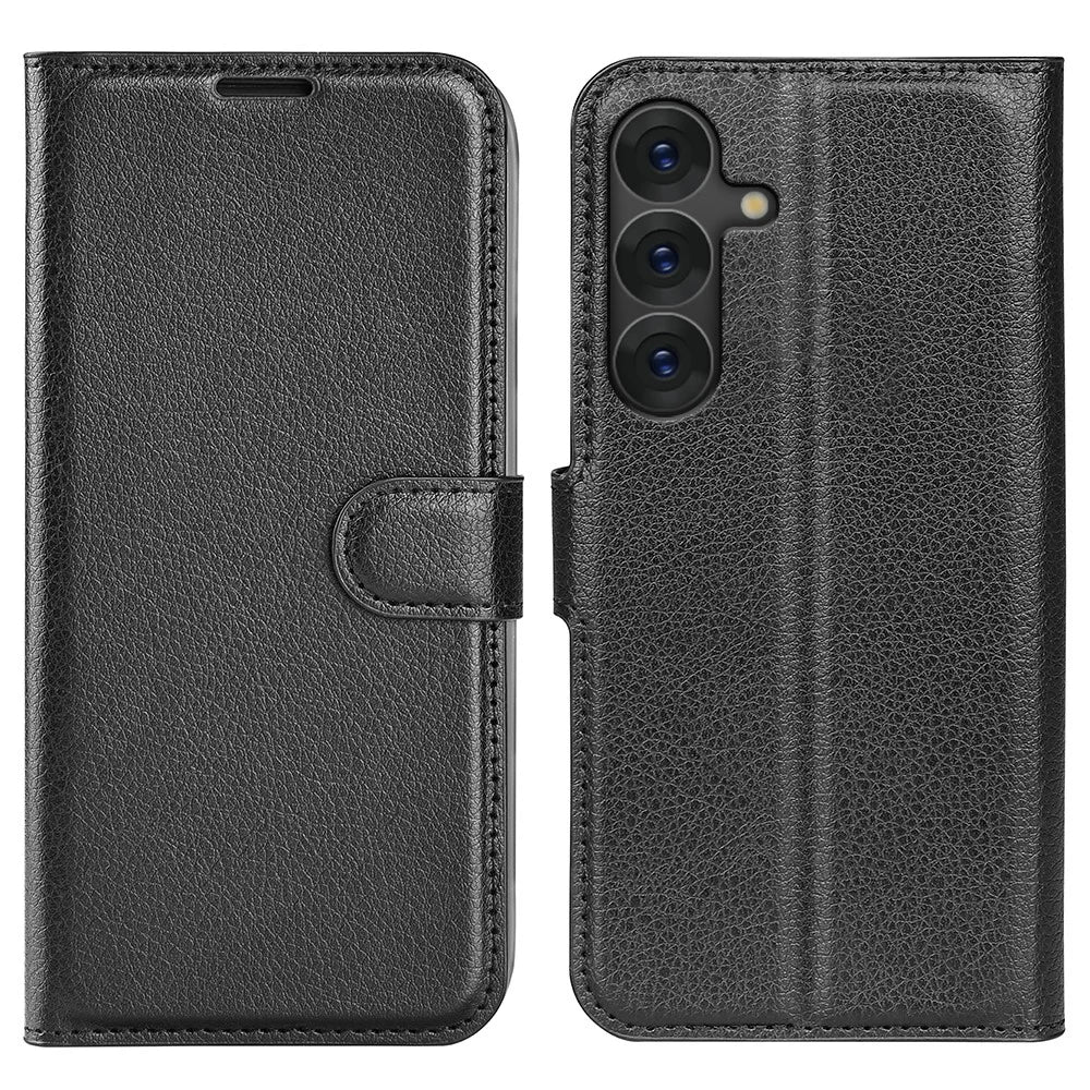 For Samsung Galaxy S25+ Case Litchi Texture Shockproof Leather Wallet Phone Cover - Black - 1