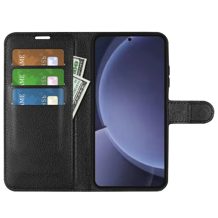 For Samsung Galaxy S25+ Case Litchi Texture Shockproof Leather Wallet Phone Cover - Black - 2