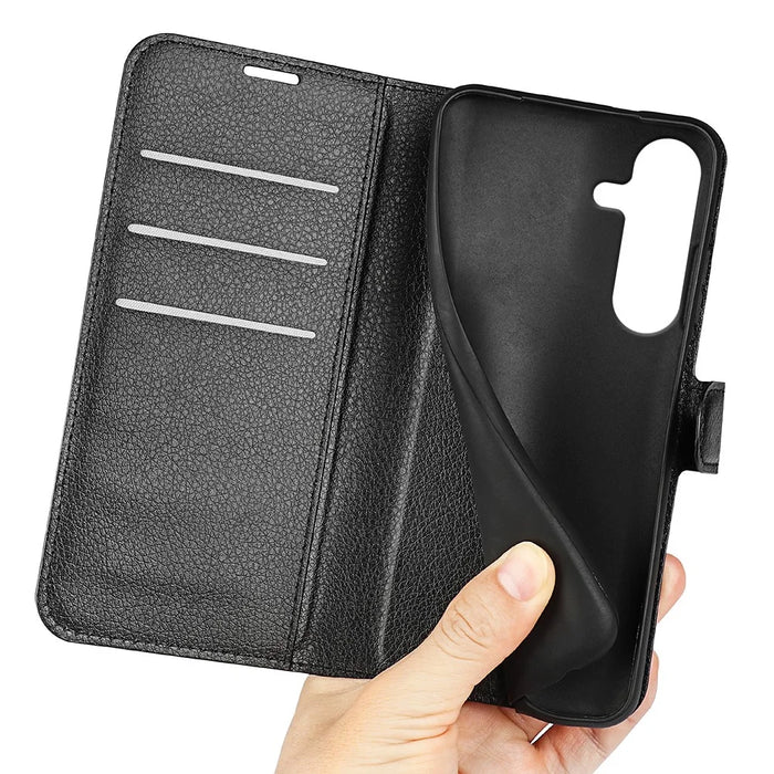 For Samsung Galaxy S25+ Case Litchi Texture Shockproof Leather Wallet Phone Cover - Black - 5