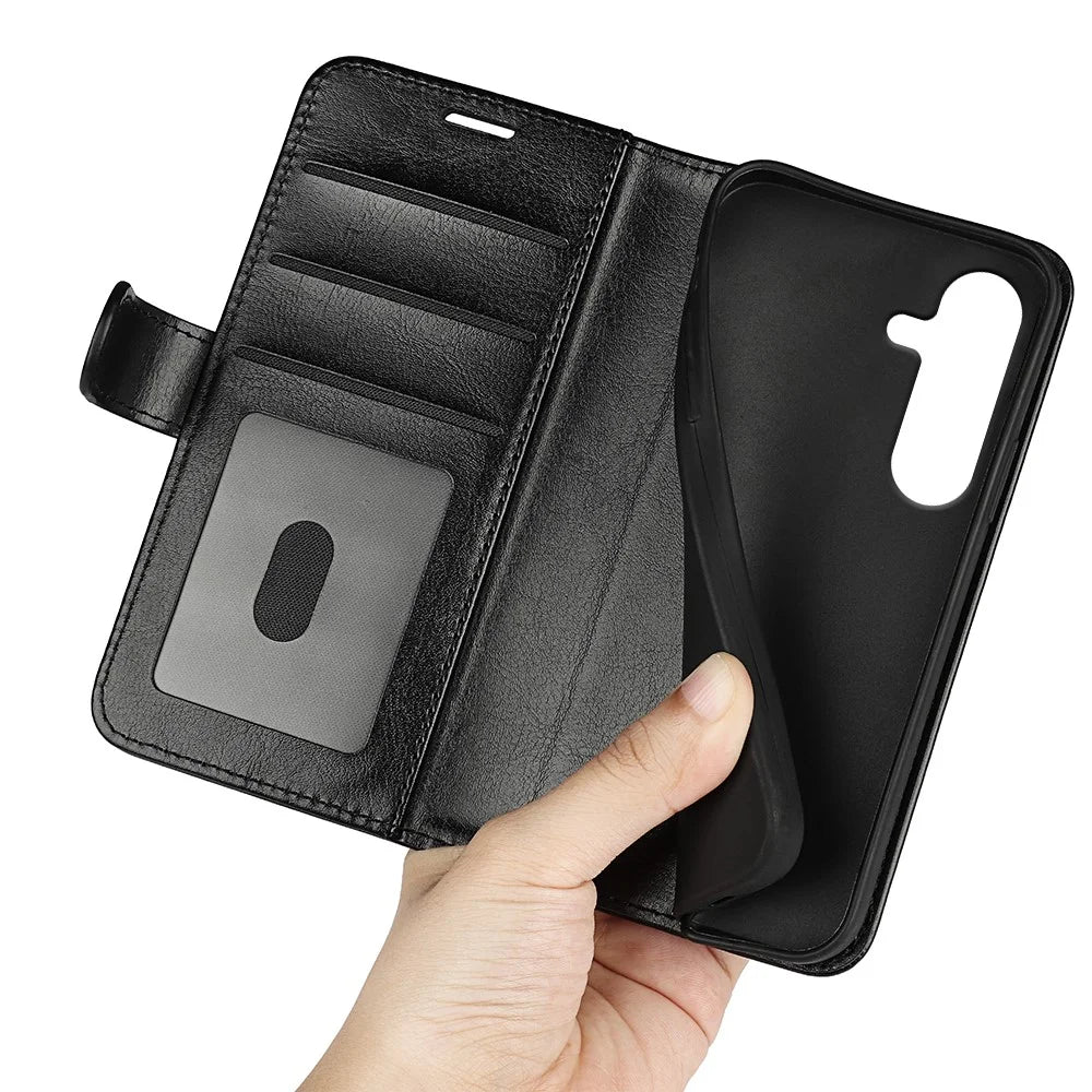 For Samsung Galaxy S25+ Wallet Case Crazy Horse Texture Stand Leather Phone Cover - Black - 5