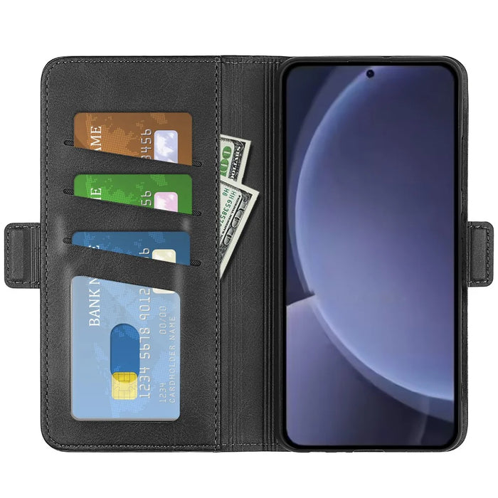 For Samsung Galaxy S25+ Stand Case Calf Texture Leather Wallet Phone Cover - Black - 2