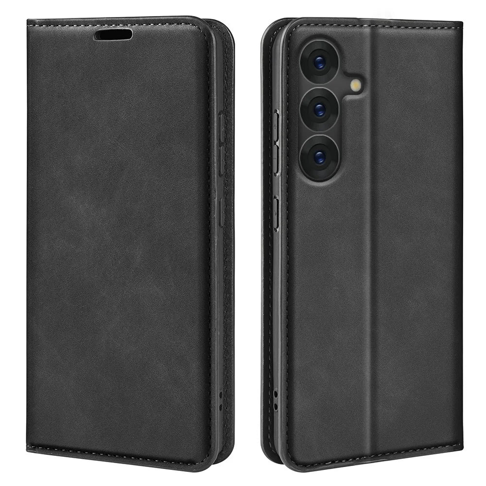 For Samsung Galaxy S25+ Case Skin-Touch Leather Wallet Phone Cover - Black - 1