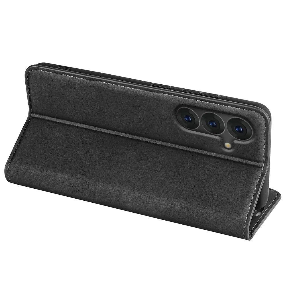 For Samsung Galaxy S25+ Case Skin-Touch Leather Wallet Phone Cover - Black - 4