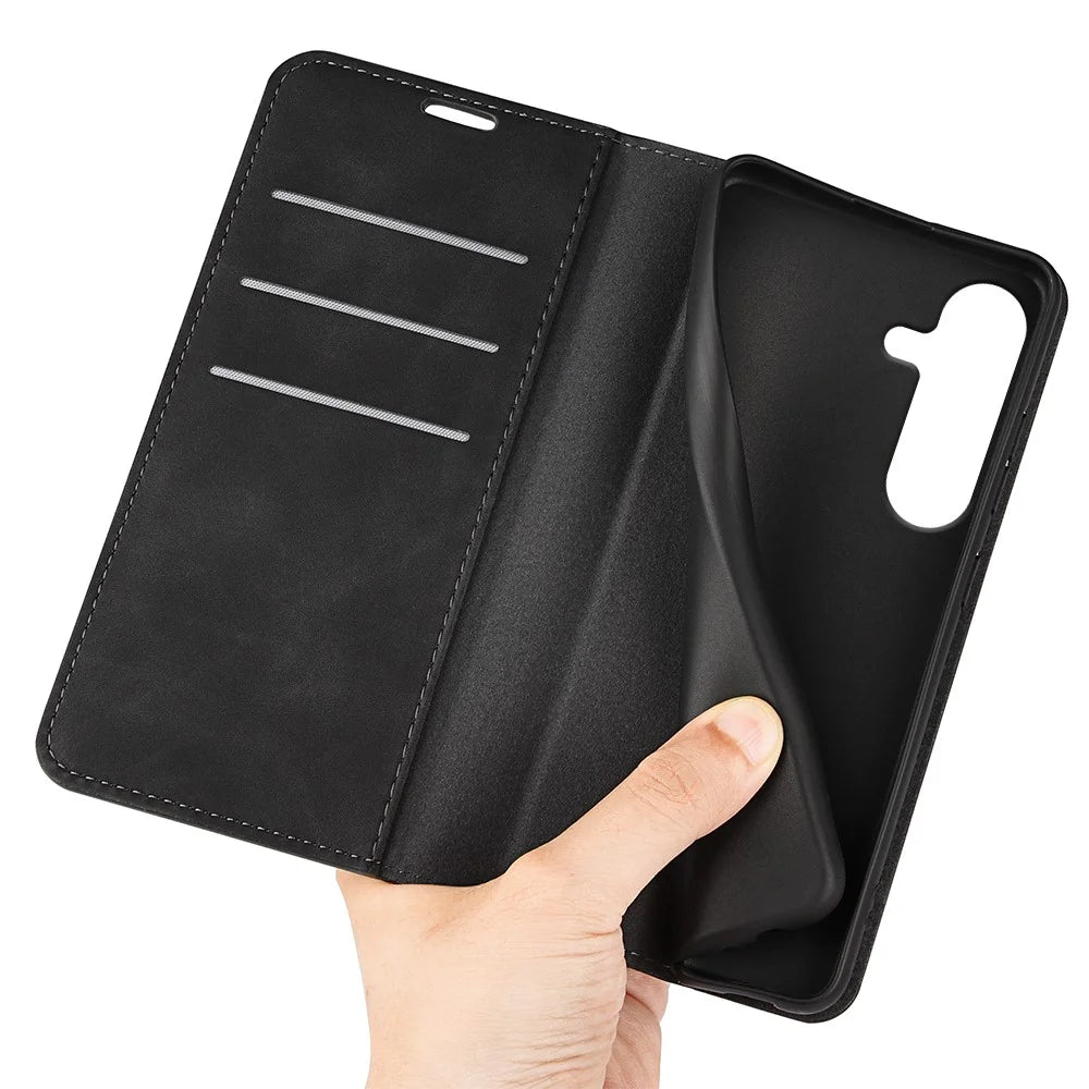 For Samsung Galaxy S25+ Case Skin-Touch Leather Wallet Phone Cover - Black - 5