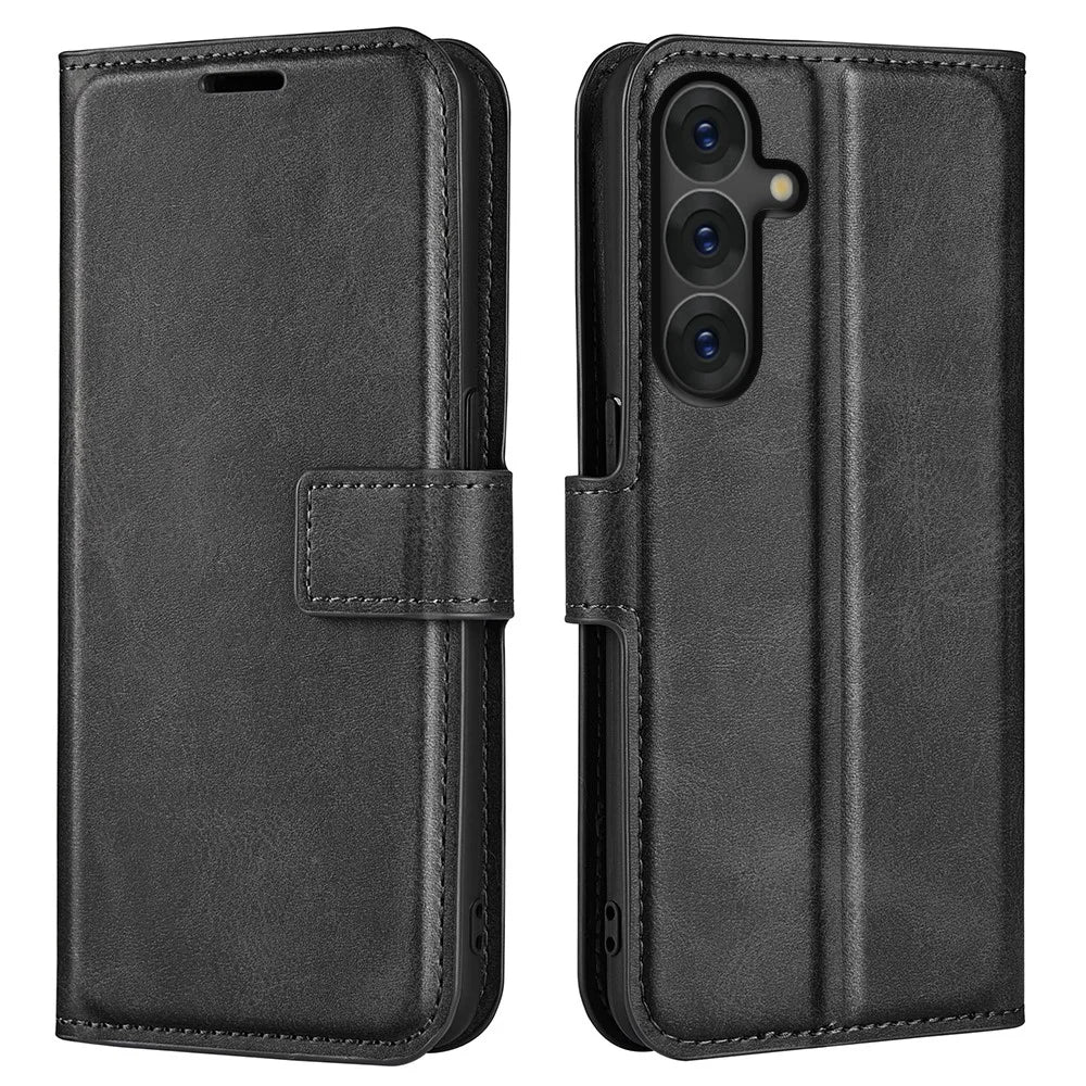 For Samsung Galaxy S25+ Stand Case Anti-Scratch Calf Texture Leather Phone Cover - Black - 1