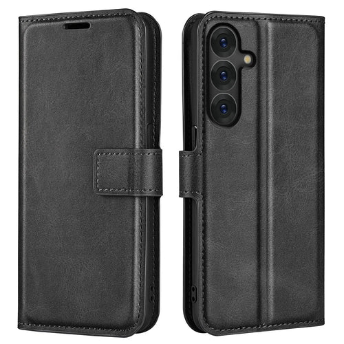 For Samsung Galaxy S25+ Stand Case Anti-Scratch Calf Texture Leather Phone Cover - Black - 1