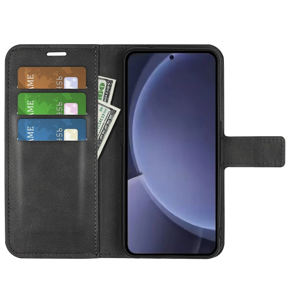 For Samsung Galaxy S25+ Stand Case Anti-Scratch Calf Texture Leather Phone Cover - Black - 2