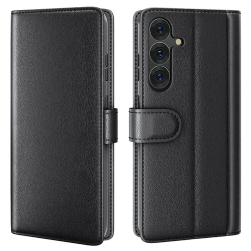 For Samsung Galaxy S25+ Case Genuine Split Leather Phone Cover with Wallet Stand - Black - 1