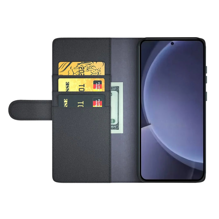 For Samsung Galaxy S25+ Case Genuine Split Leather Phone Cover with Wallet Stand - Black - 2