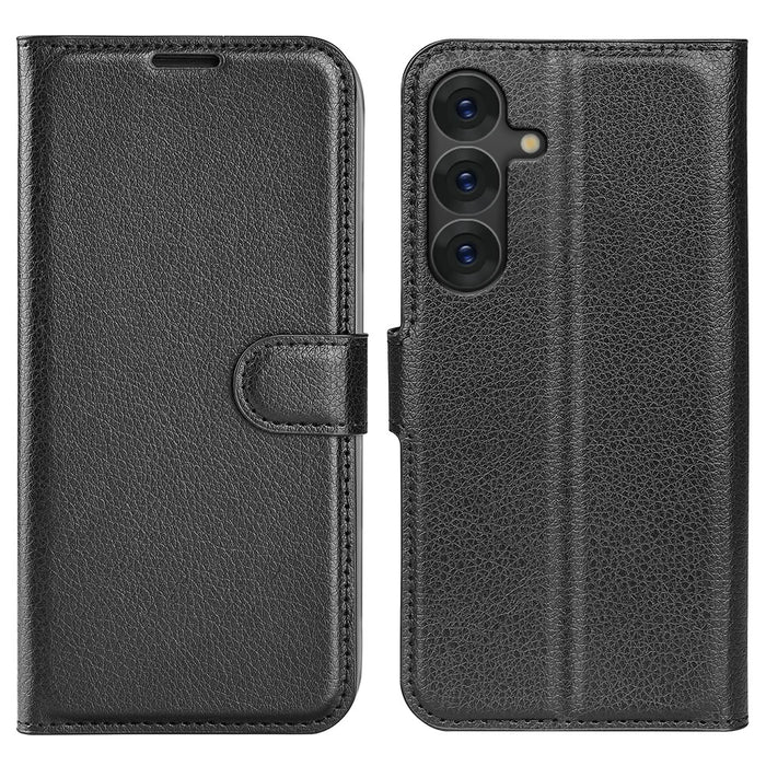 For Samsung Galaxy S25 Case Litchi Texture Shockproof Leather Wallet Phone Cover - Black - 1