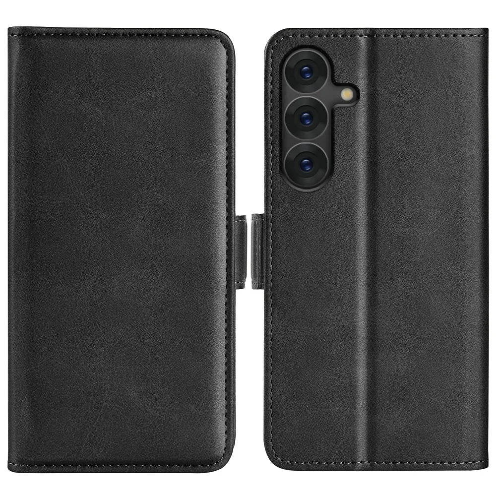 For Samsung Galaxy S25 Stand Case Calf Texture Leather Wallet Phone Cover - Black - 1
