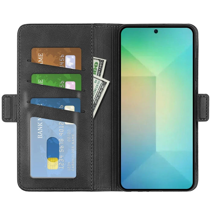 For Samsung Galaxy S25 Stand Case Calf Texture Leather Wallet Phone Cover - Black - 2