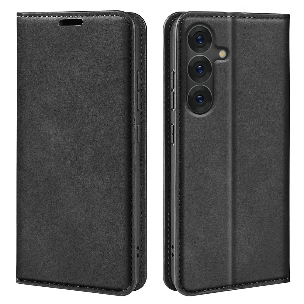 For Samsung Galaxy S25 Case Skin-Touch Leather Wallet Phone Cover - Black - 1